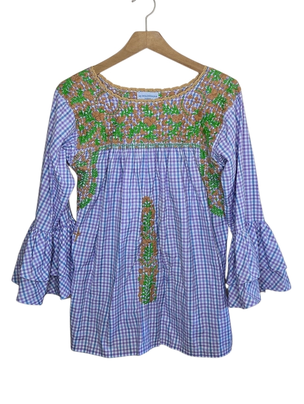 Mi Golondrina Artisan Purple Gingham Check Embroidered Tunic Top Size Small